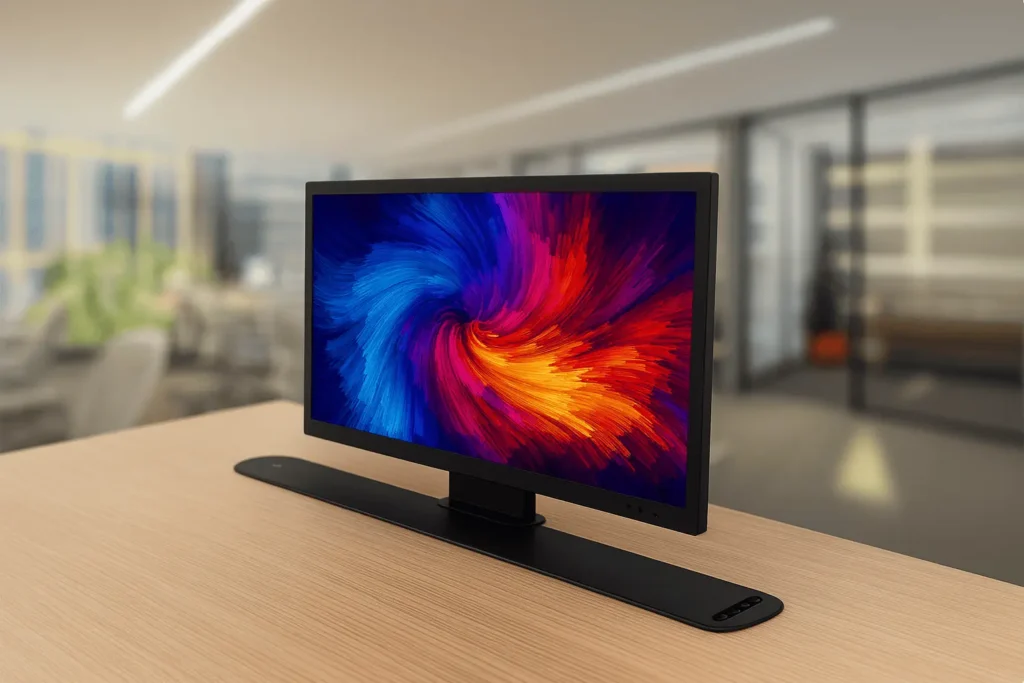 Moderní pracovní prostor s velkým monitorem na dřevěném stole a čistým kancelářským pozadím.